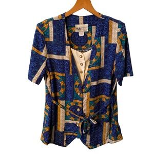 S.I. Petites Vintage Blazer Jacket Blue Teal Gold Geometric Print Belted Size 14